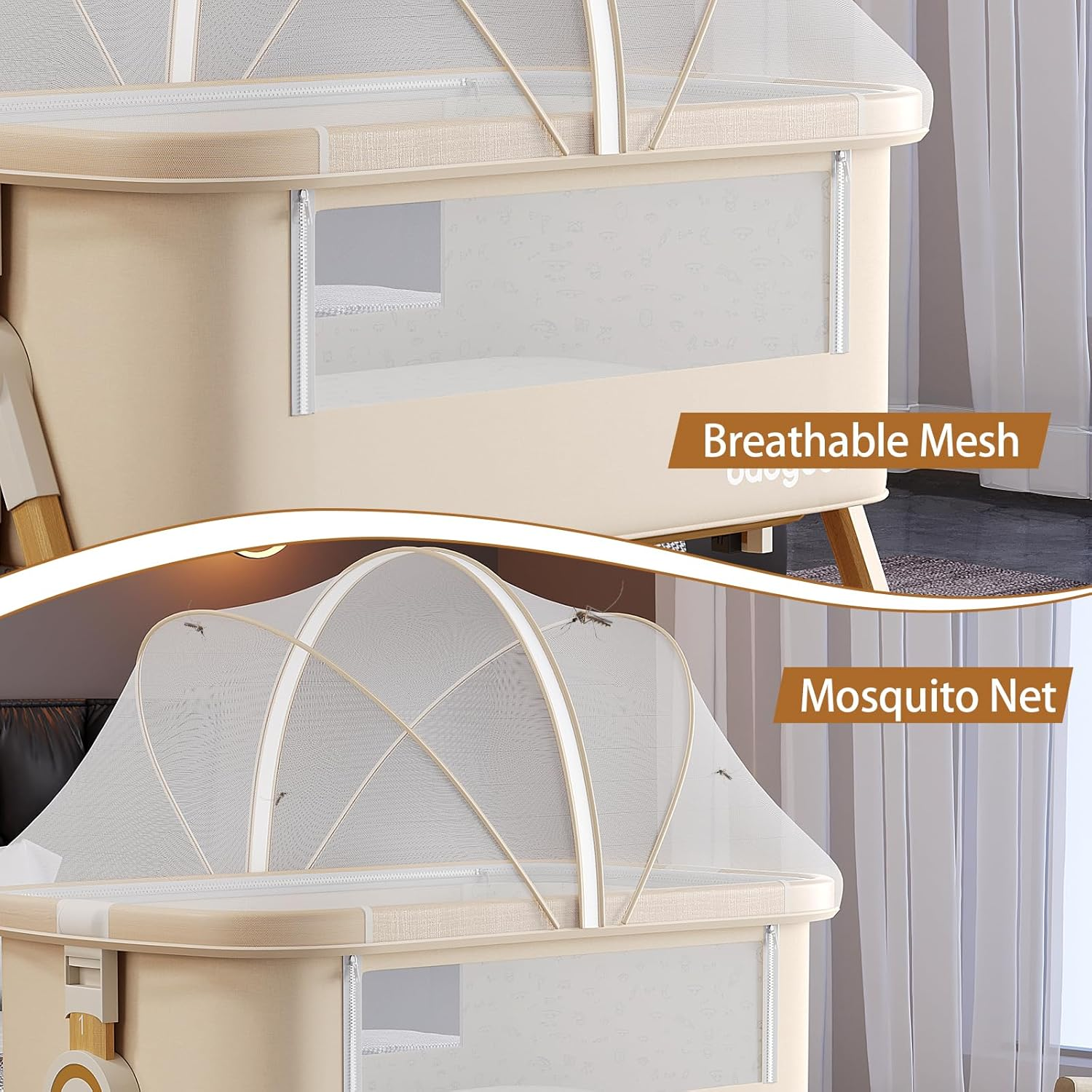 Adjustable 3 in 1 Baby Bassinets, Baby Bassinets Bedside Sleeper, Bedside Crib with Wheels, Storage Basket, Mosquito Netting,Portable Newborn/Crib image number 2