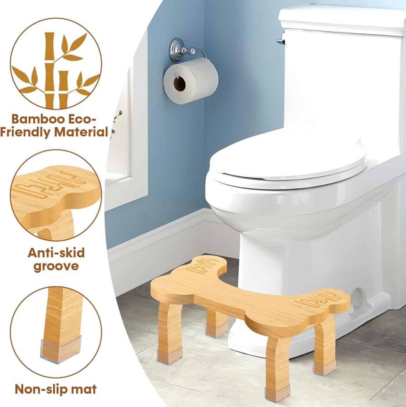 Bamboo Toilet Stool for Adults Toddler, 8.0'' Bathroom Potty Steps Squatty Poop Stool, Non-Slip, Ergonomic, Easy Assembly, Improves Digestion, Supports 350 Lbs, Healthy Toilet Training Step Stools image number 5