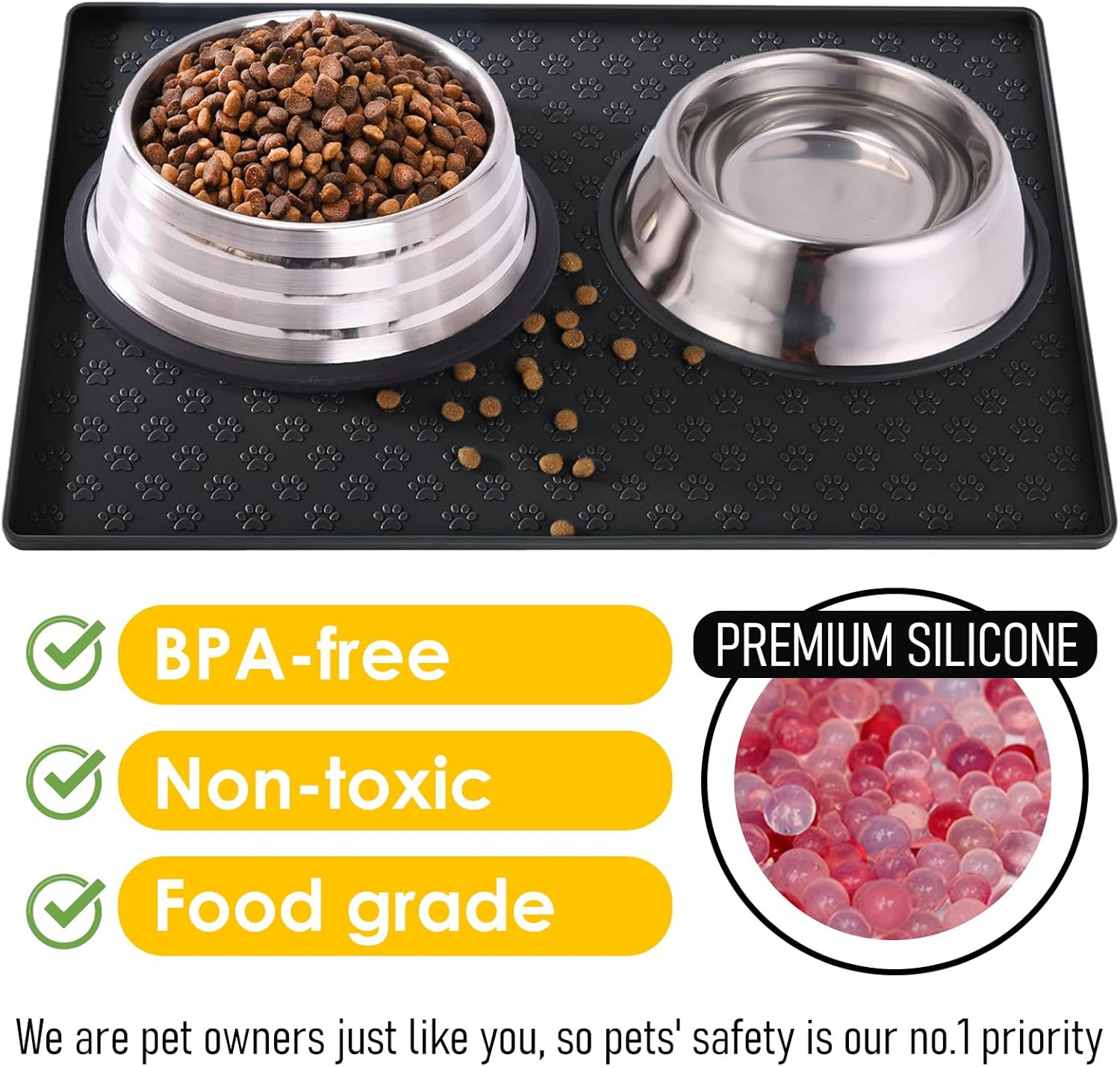 Silicone Dog Cat Food Mat, Waterproof Slip Resistant Raised Edge Pet Feeding Mats, Pet Bowl Mat Anti-Messy and Prevent Spill on Floor, Dishwasher Safe (Black, M: 18.9" X 11.8") image number 4