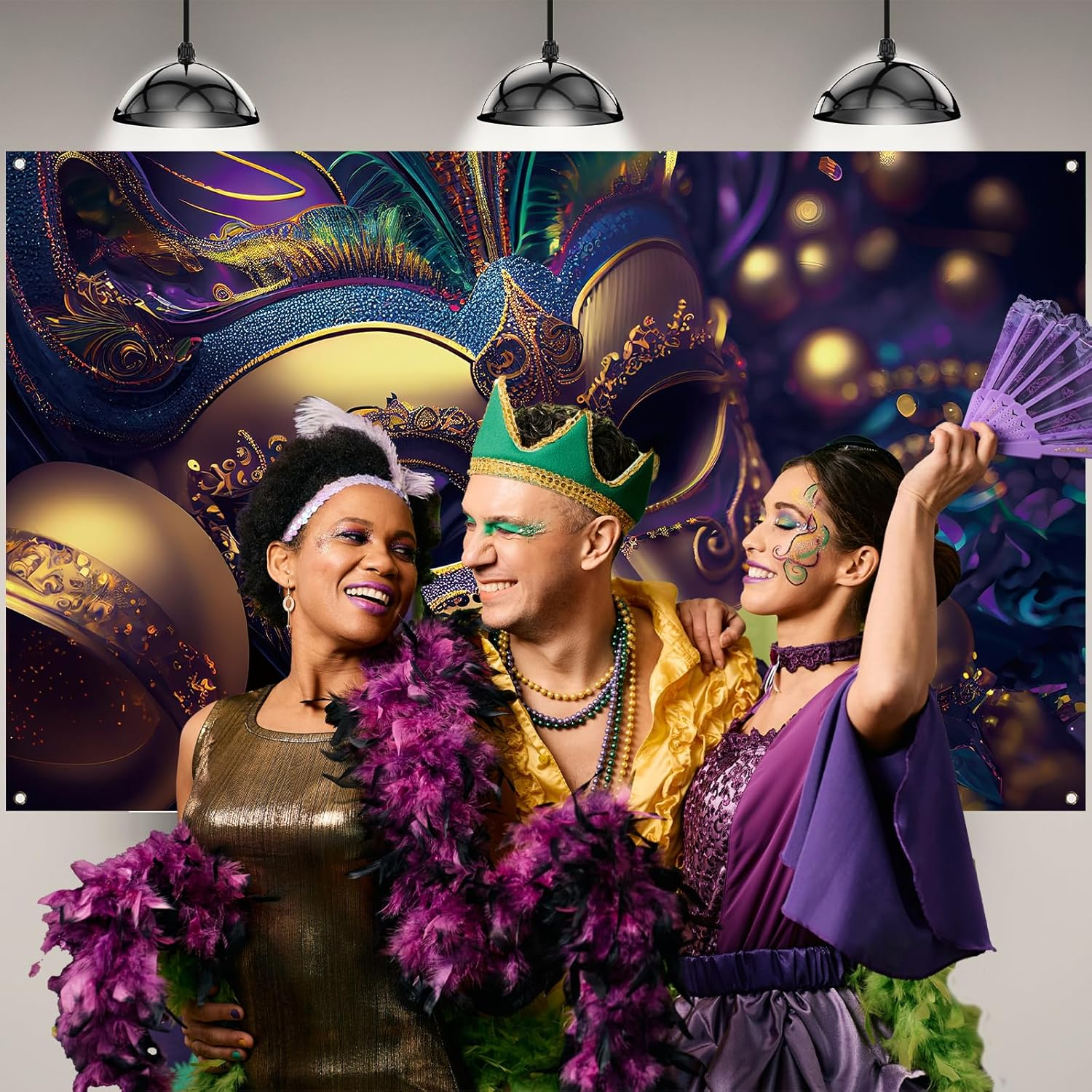 Mardi Gras Photo Backdrop Purple Mask Beads Banner Fat Tuesday Brazil Carnival Masquerade Party Birthday Decorations and Supplies for Home-71&times;43''