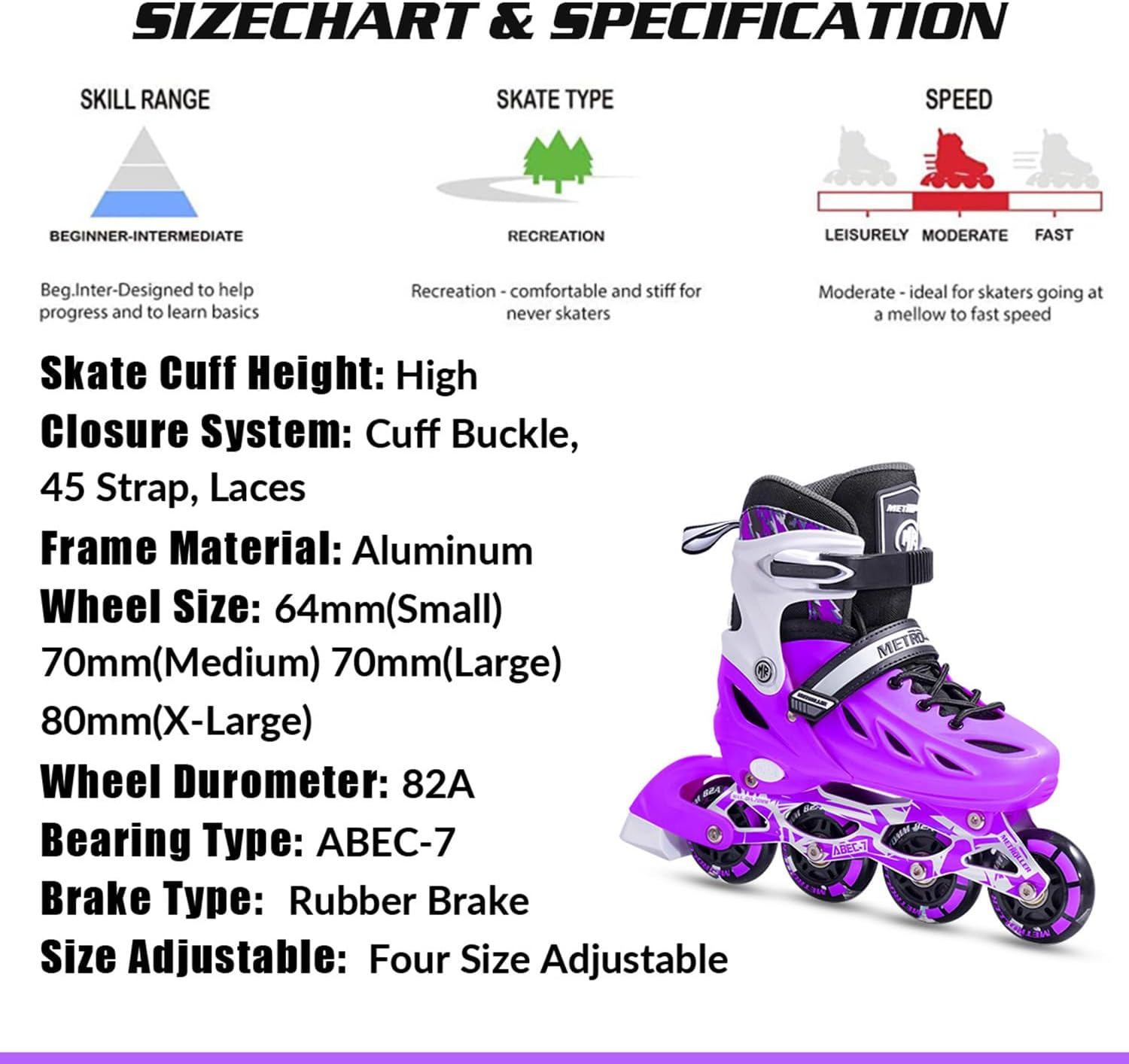 METROLLER Inline Skates for Girls and Boys, Women, Men 4 Sizes Adjustable Roller Blades with Light up Wheels, Illuminating Beginner Rollerblades for Kids & Adult Youth