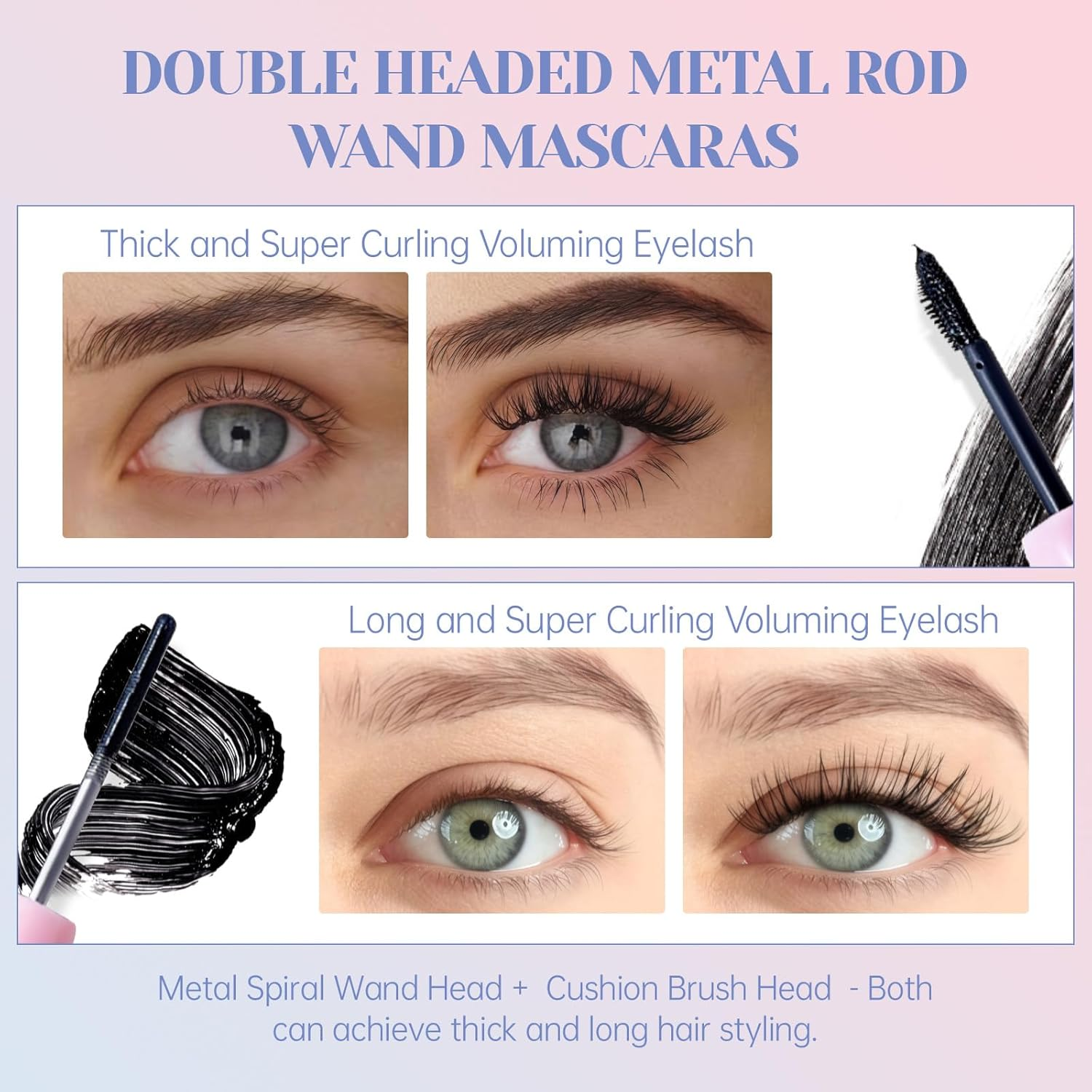 DAGEDA Double-End Metal Mascara, Iron Wand Mascara Waterproof, 3D Curling Eyelash Mascaras Brushless Brush Washable, Smudge Proof, Non-Clumping, Long Eyelashes Iron Eye Makeup, Black - Black image number 4