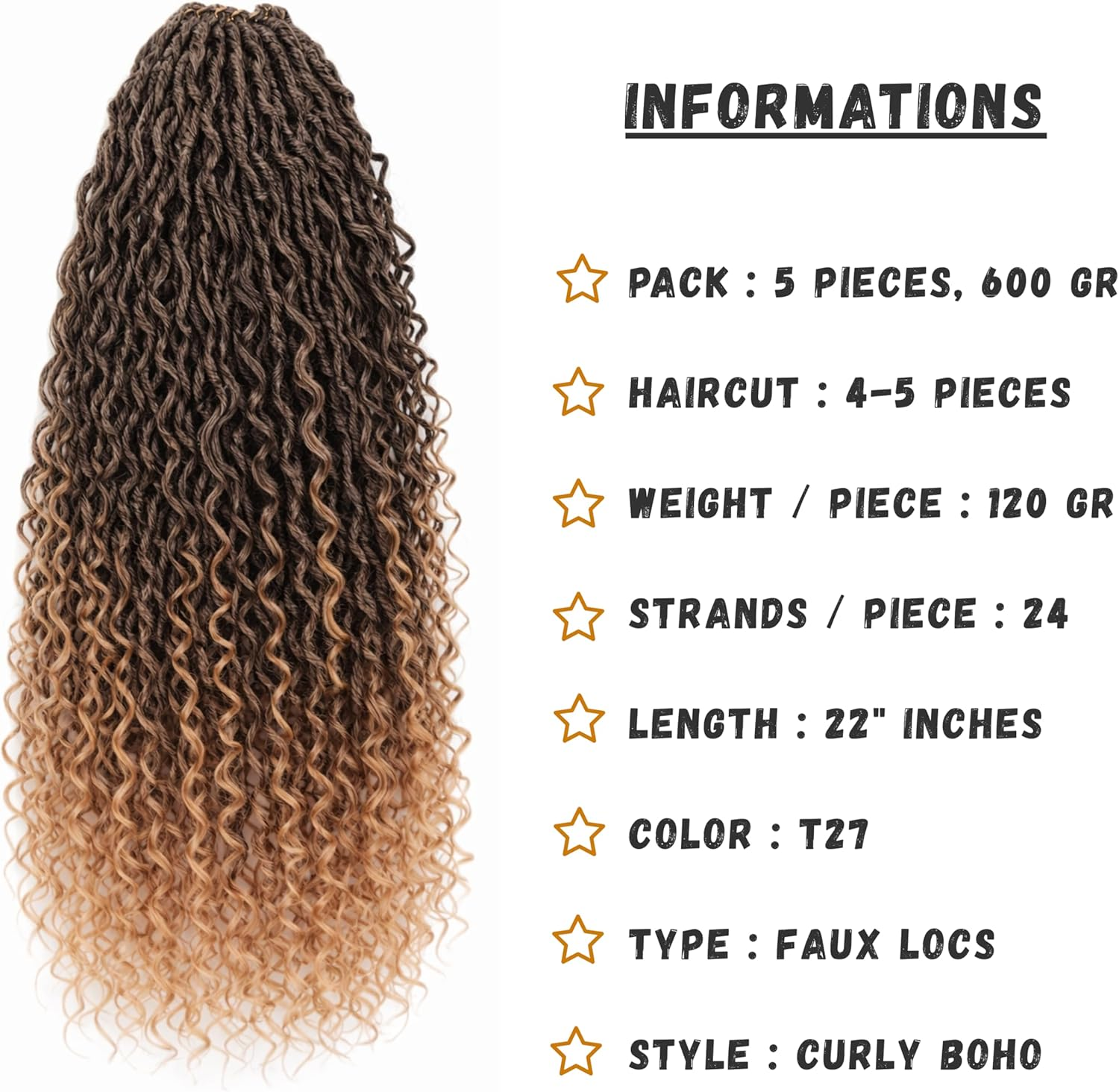 1B/27, 55 Cm/River Locs / 600 G/Pack of 5 Extensions for Braiding Crochet/Per Piece 120 G 24 Strands = 120 Strands 600 G Premium Hair Look + Shower Cap, Jewellery and Hooks Free