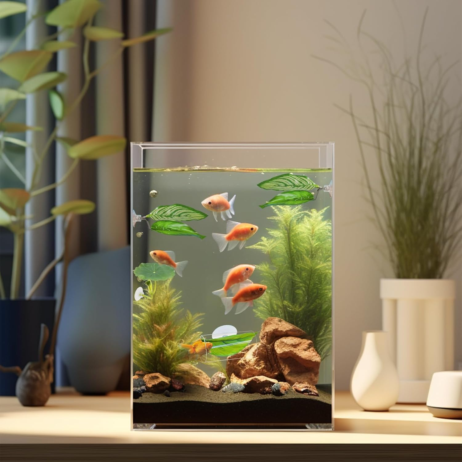 5-Piece Betta Fish Tank Accessories Set: Non-Tear Soft Aquarium Plants, Acrylic Hideout Tube Tunnel & Leaf Hammock for Stress-Free Environment &ndash; Safe Decorations with Spare Suction Cups image number 1