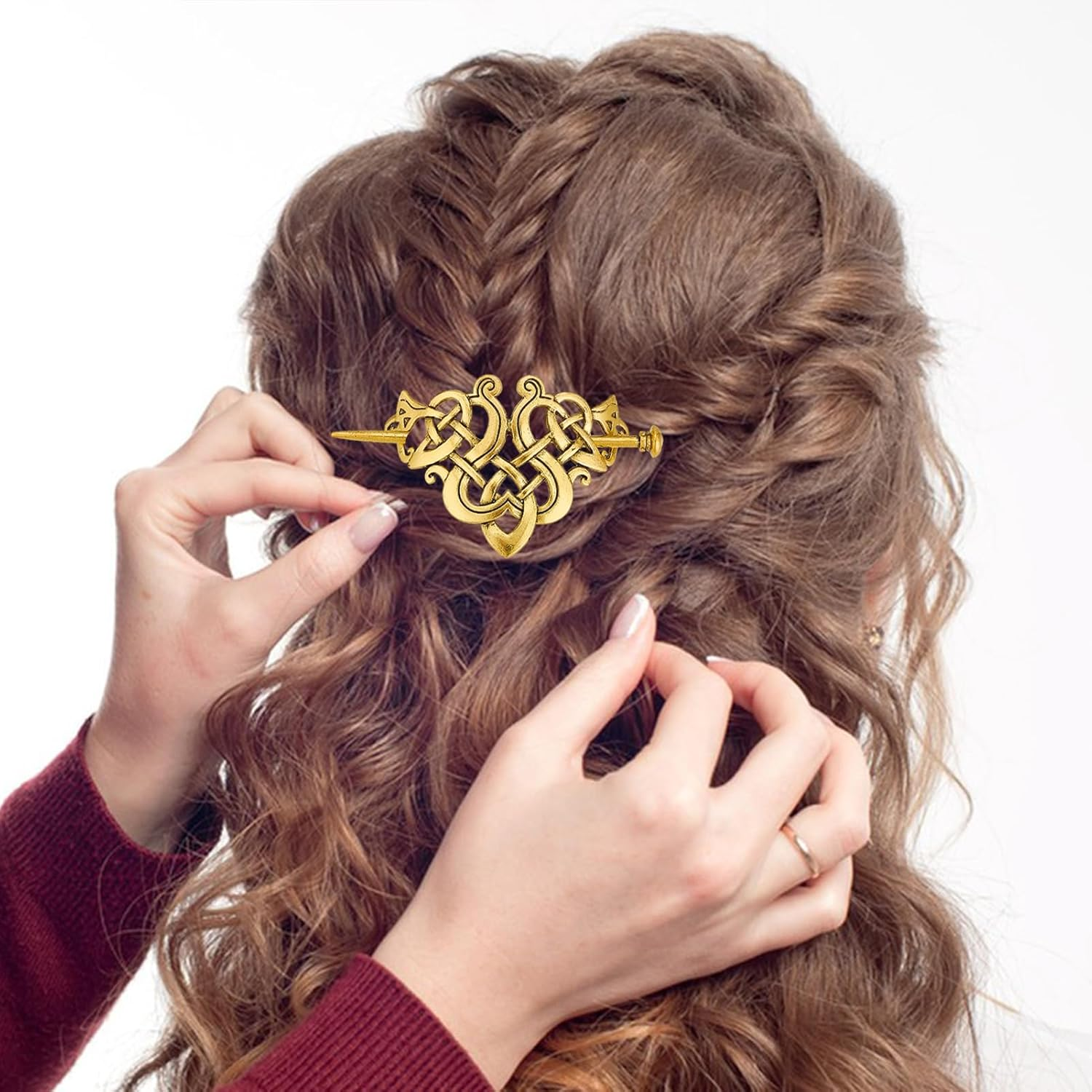 NICENEEDED 3 PCS Vintage Viking Celtic Shawl Hairpins, Crossed Knots Barrette Spiral Crocheted Hair Clips, Retro Ancient Gold Hair Accessories for Women Scarf Sweater image number 5