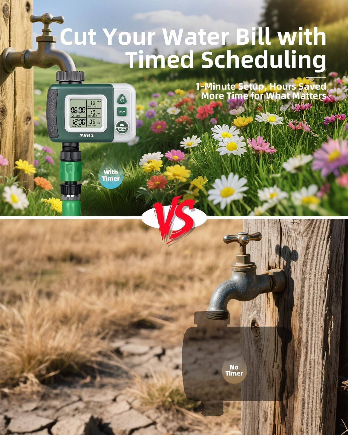 Automatic Water Timer for Garden Hose Tap, Digital Sprinkler Timer with Rain Delay, Outdoor Tap Water Timer for Lawn Garden Irrigation Watering System (Green) image number 1