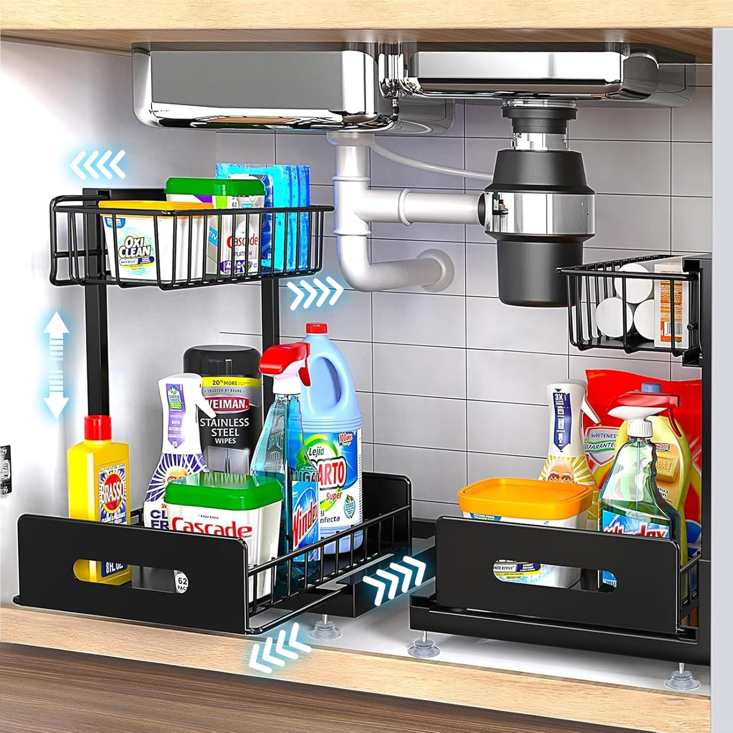 2 Pack under Sink Organiser, 2-Tier under Sink Storage Shelf Height Adjustable Durable Metal Sliding Drawers for Bathroom Kitchen Cabinet Storage under Sink Storage & Organisation (2 Pack Black)