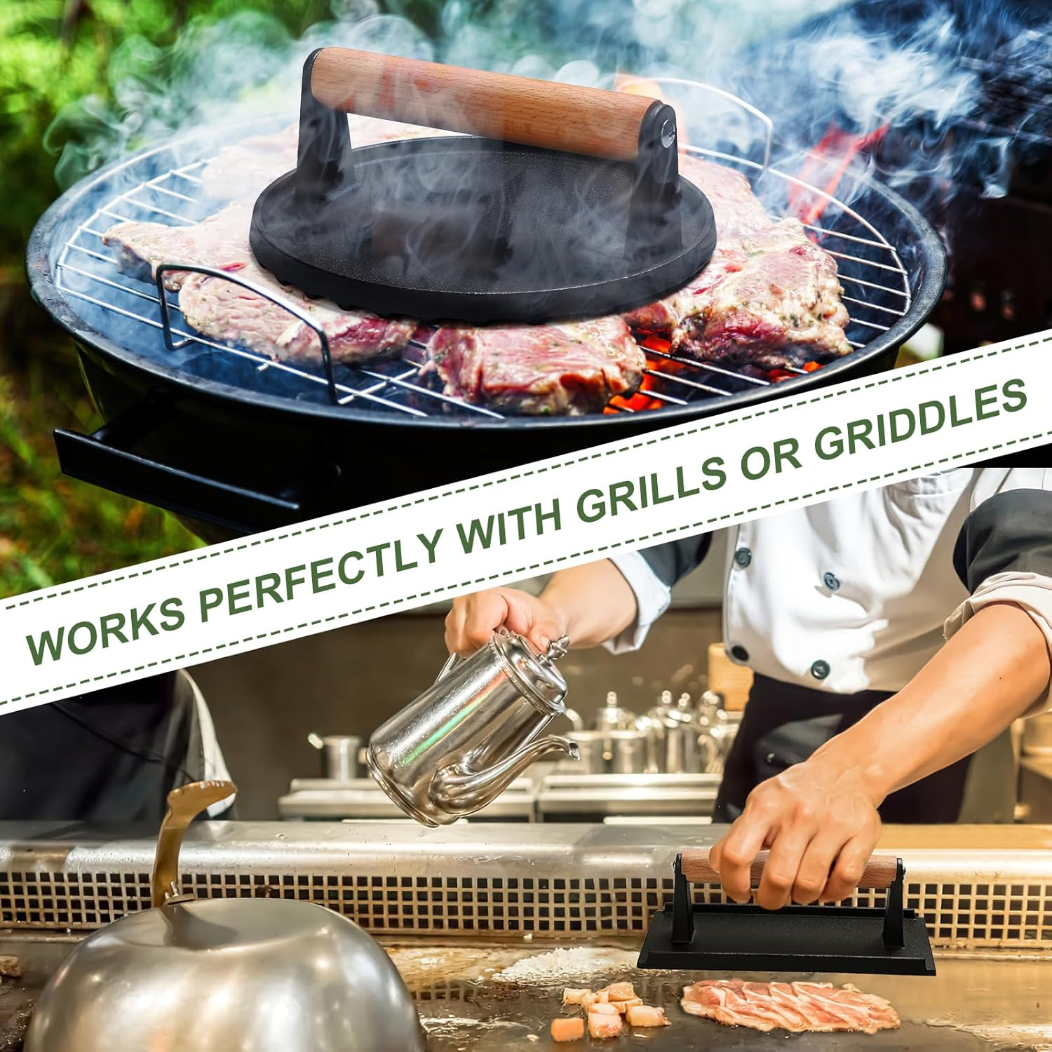 EWFEN Burger Press, 7" round & 8.2"X4.3" Rectangle Heavy-Duty Cast Iron Smash Bacon Press Meat Steak with Wood Handle for Griddle, Sandwich, Nonstick Pan - Cast Iron Round  Rectangle image number 4