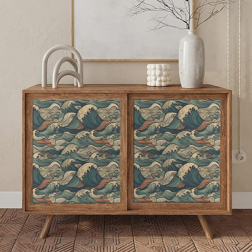 Muralpeel Vinatge Janpanese Sea Wave Blue/Yellow Mosaic Peel and Stick Wallpaper Self Adhesive