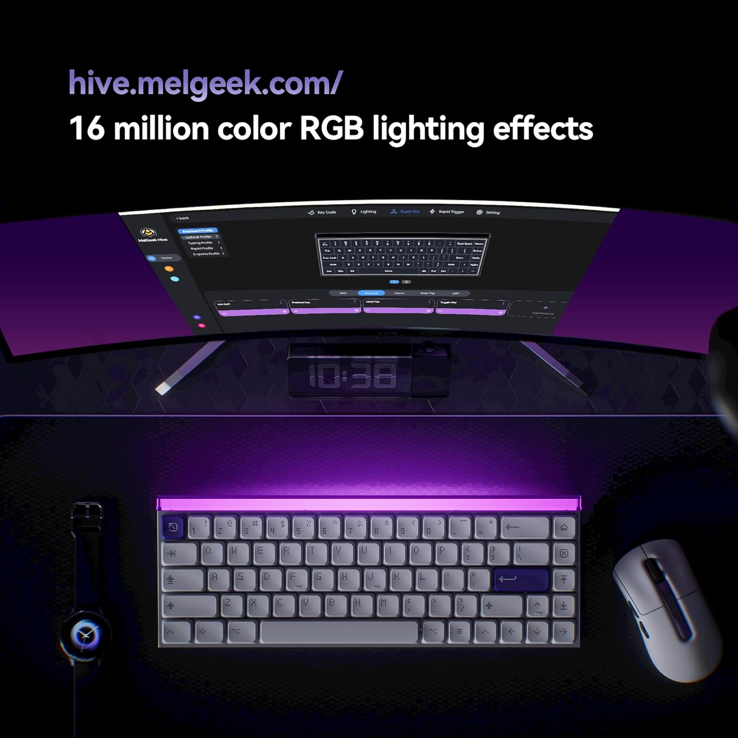 Melgeek MADE68 Air Wired Keyboard, Hall Effect Magnetic Switch Low-Profile Gaming Keyboard, 65% Compact Rapid Trigger, Hot-Swappable, RGB Snap Tap & Adjustable Actuation, Online HIVE Custom (Purple)