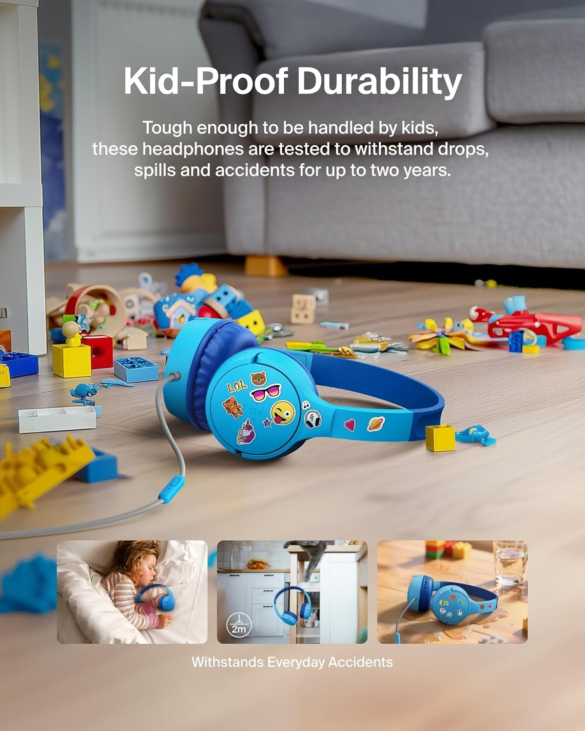 Belkin Soundform Mini Kids Wired Headphones W/Usb C to 3.5Mm Dongle, Built-In Mic & Fun Stickers, 85Db Max Volume &ndash; for Online Learning, Travel, Compatible W/Iphone 16, Ipad, Galaxy S25, Etc - Blue image number 6