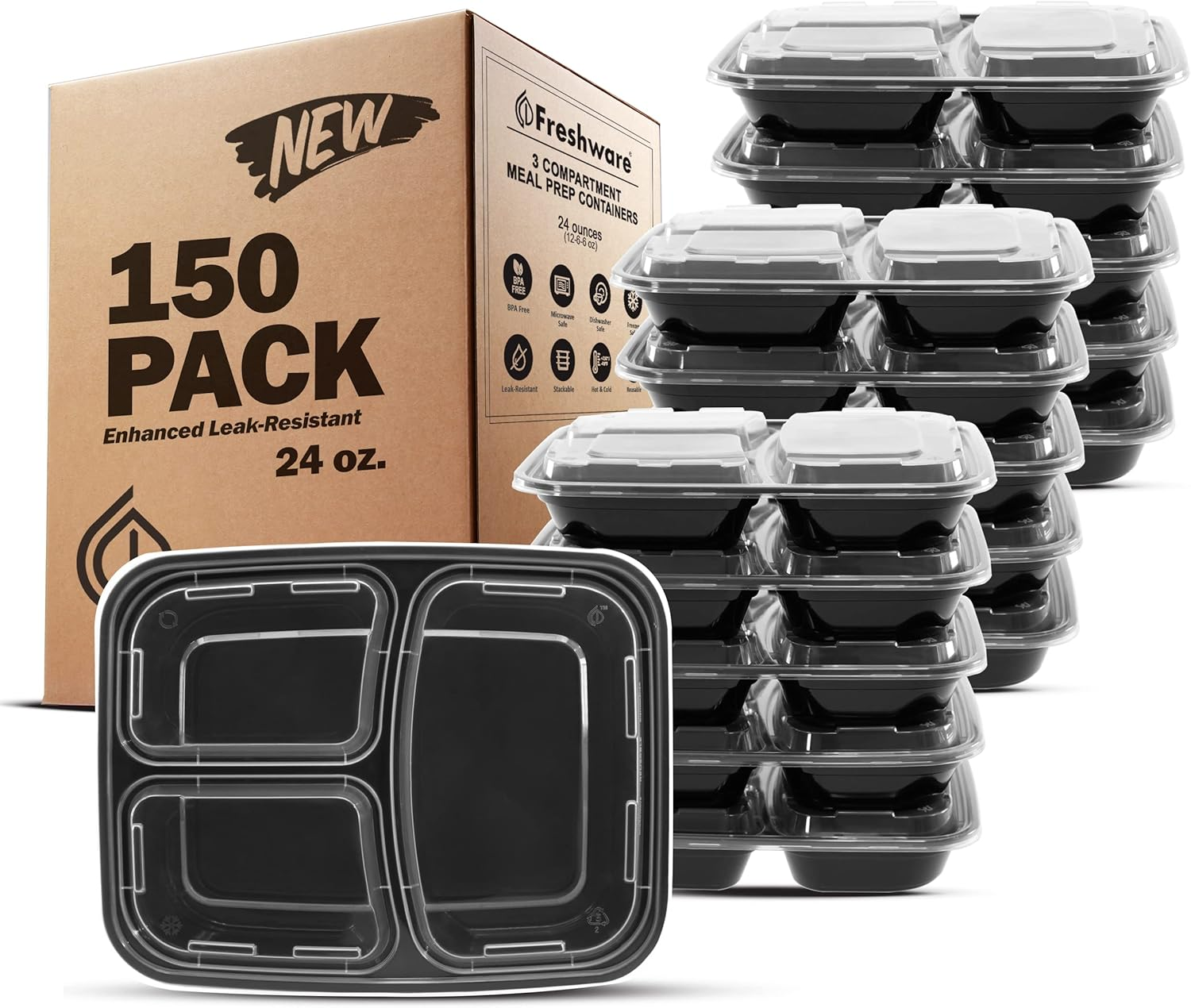 Freshware Meal Prep Containers [150 Pack] 3 Compartment with Lids, Food Storage Containers, Bento Box, BPA Free, Stackable, Microwave/Dishwasher/Freezer Safe (24 Oz)