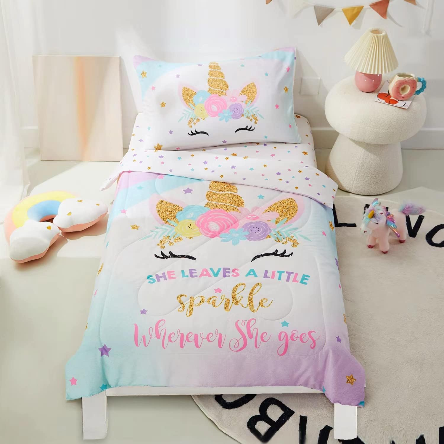 PINNKKU 4-Piece Toddler Bedding Set, Bed-In-A-Bag Comforter Set, Includes 1 Flat Sheet, 1 Fitted Sheet, 1 Comforter and 1 Reversible Pillowcase, Standard Toddler Comforter & Sheet Set, Cars & Road