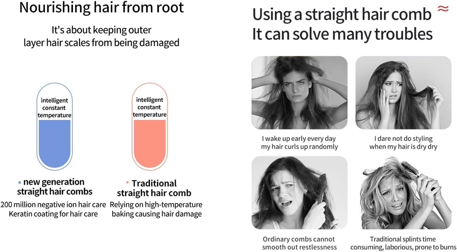 Mini Portable Hair Straightener Brush, Cordless Electric Hair Straightening Comb with Negative Ions, Ceramic Fast Hearting Electric Hot Comb(Blue)