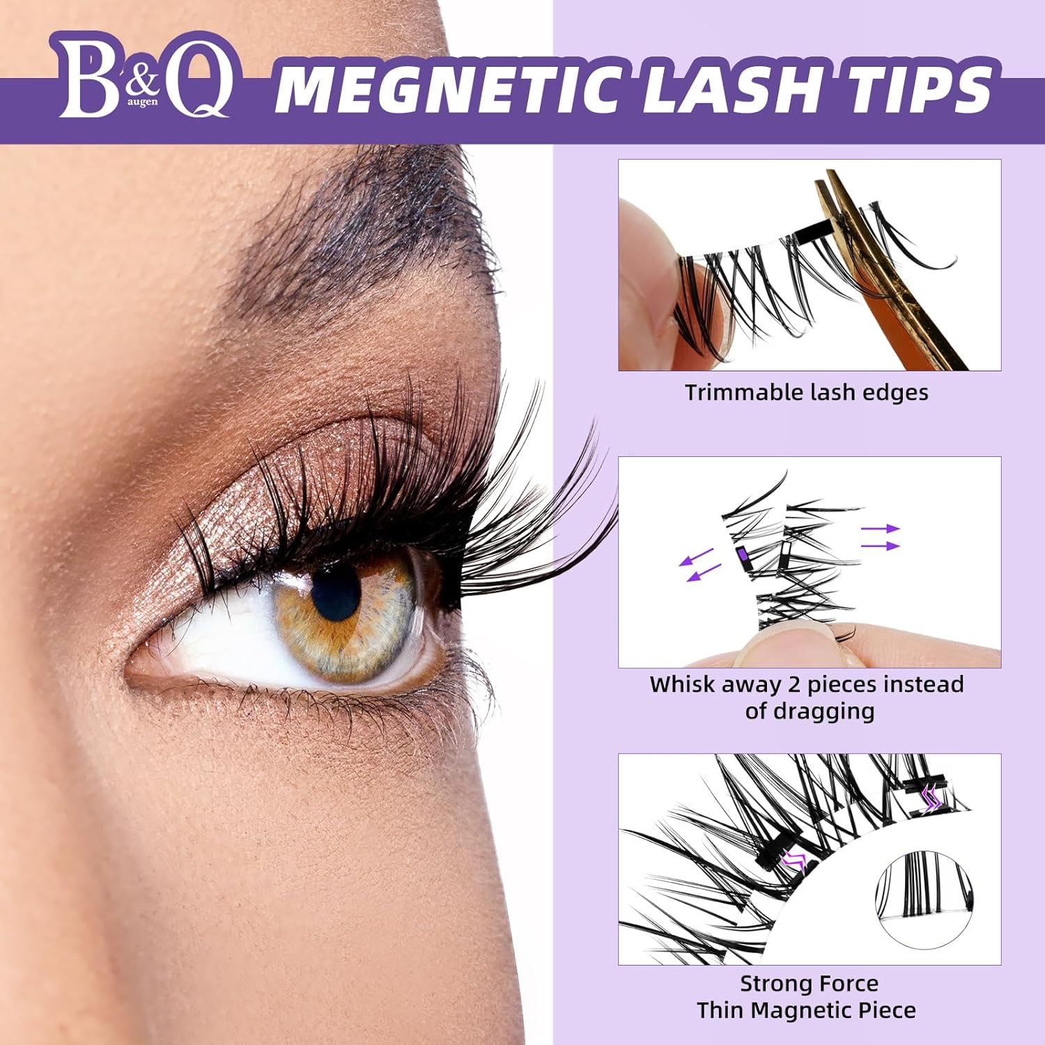 B&Qaugen Magnetic Eyelashes Manga Lashes 2 Pair Lashes Natural Look (CX01) - Clear Band - Cruelty Free - Synthetic Hair image number 2