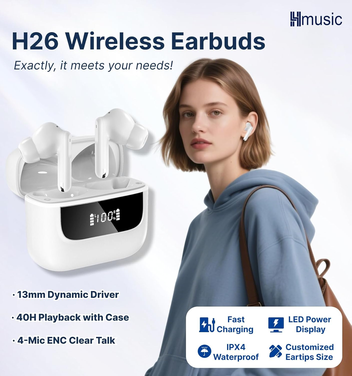 Hmusic H26 Wireless Earbuds, 4 Mic ENC in Ear Headphones, Bluetooth Earphones 40H Playtime W/Charging Case, LED Display, Long Battery Life, Waterproof Workout Sport for Android Ios