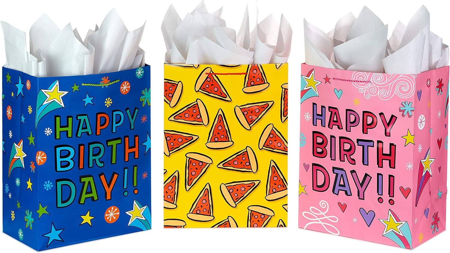 Hallmark 17" Extra Large Gift Bags (3-Pack for Kids Birthday Presents and Parties) Bundle, Jumbo, Pink, Blue, Yellow with Pizza