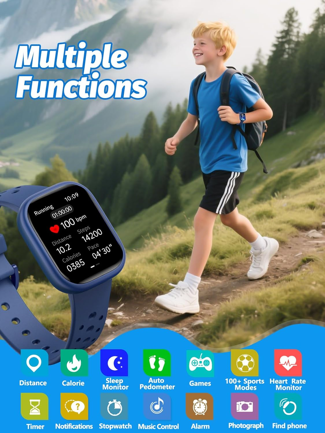 Teslahero Upgraded Kids Smart Watch Fitness Tracker, 1.85" Screen with 12 Puzzle Games, Heart Rate Sleep Monitor, Pedometer, Waterproof Activity Tracker With/Without APP for Boys Girls image number 1