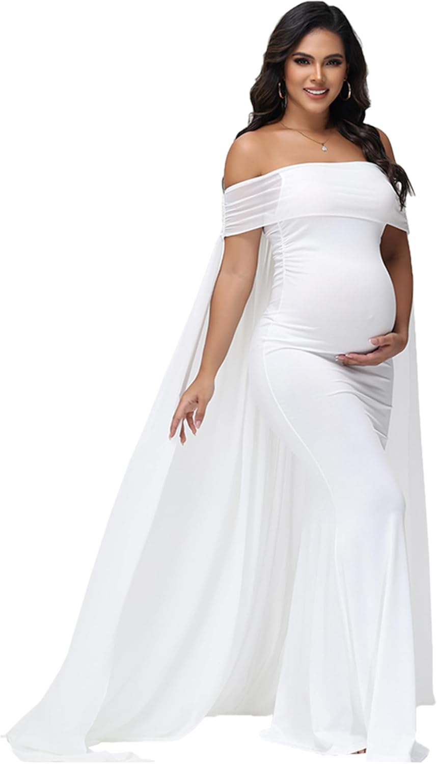 Justvh Women'S Maternity Mesh off Shoulder Chiffon Maxi Photoshoot Dress for Baby Shower Cloak Outfit Maxi Photography Gown