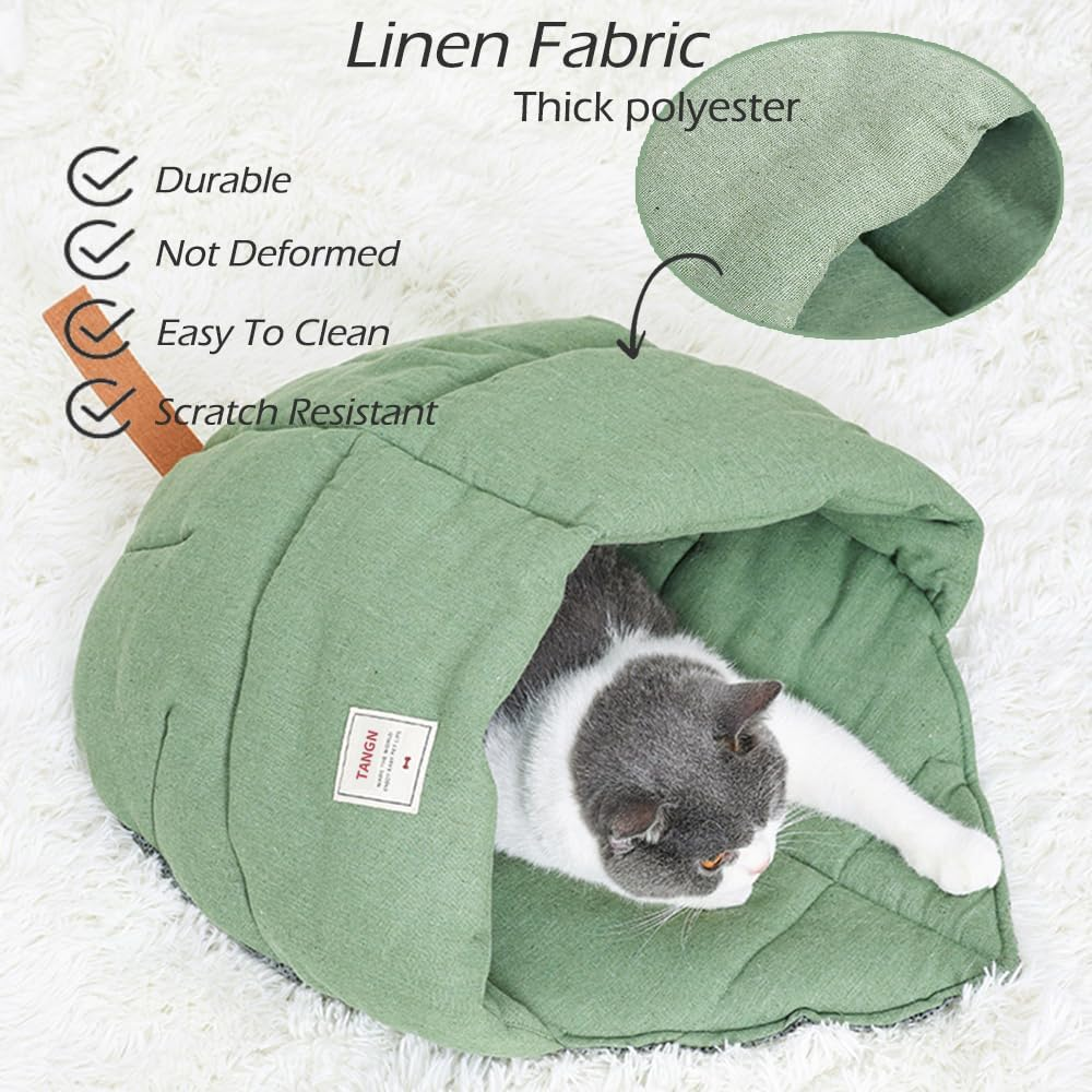 TANGN Cat Sleeping Bag, Linen Fabric Bed Cave Leaf Nest Pet Cuddle Zone Covered Hide Hood Burrowing Cozy Soft Durable Washable with Non-Slip Bottom for Indoor Puppy and Kitten (Green), PD50082 image number 2