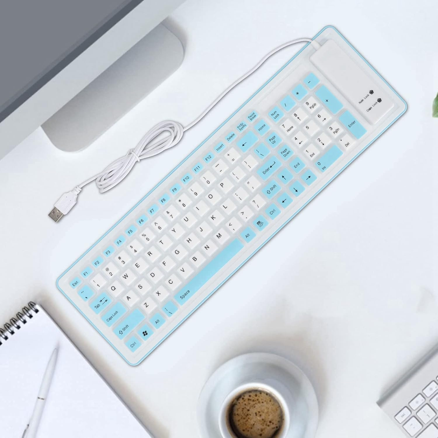 103 Keys Foldable Silicone Keyboard USB Wired Rollup Keyboard Roll up Soft Rubber Silicone Keyboard for PC Notebook Laptop Desktop Computer (Blue) - Blue image number 4