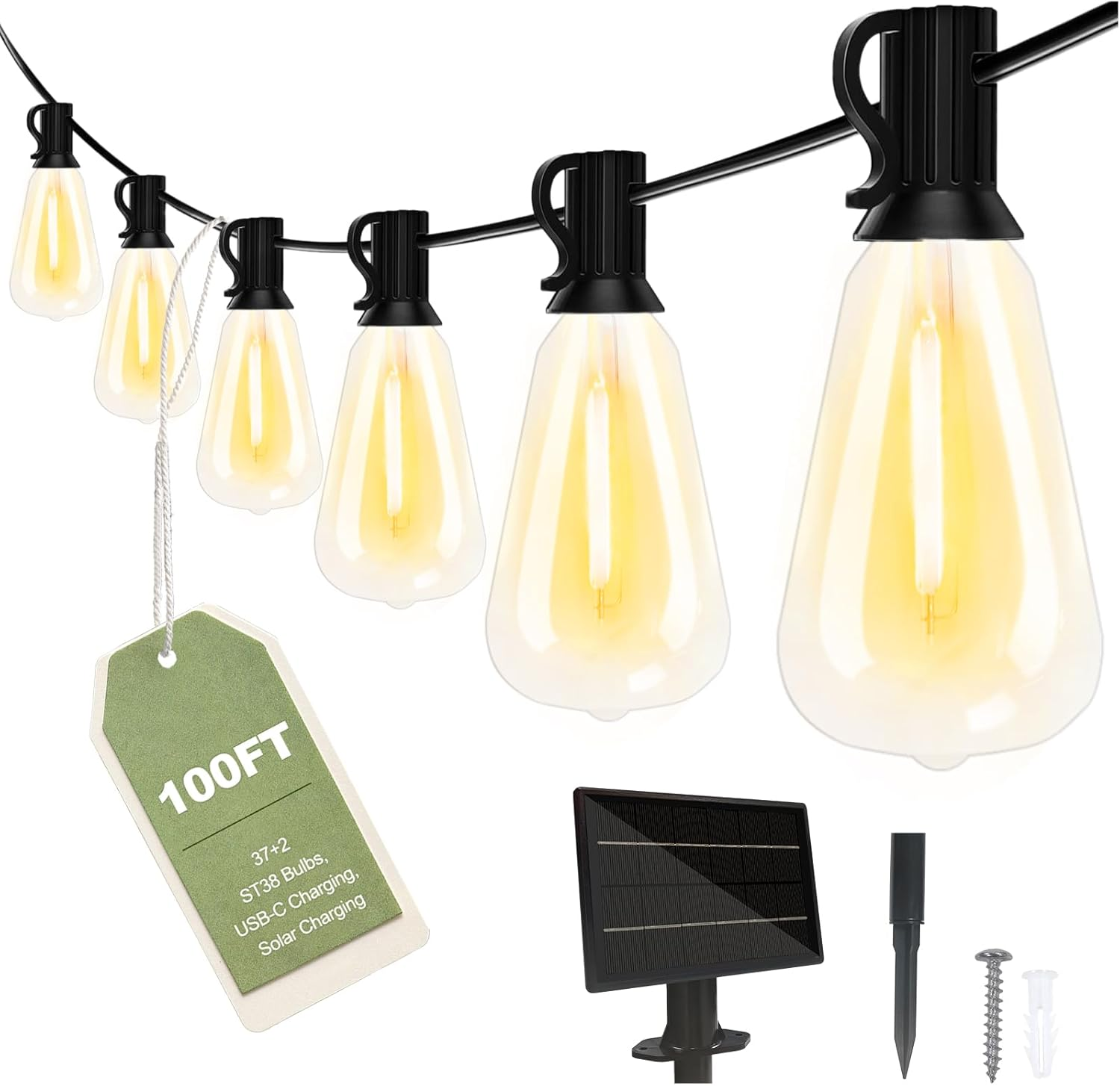 30M Solar Lights Outdoor Garden String, Festoon Lights Outdoor Solar Powered, 37+2 Shatterproof ST38 LED Bulbs, 3 Modes outside Solar Garden Light for Backyard, Patio image number 2