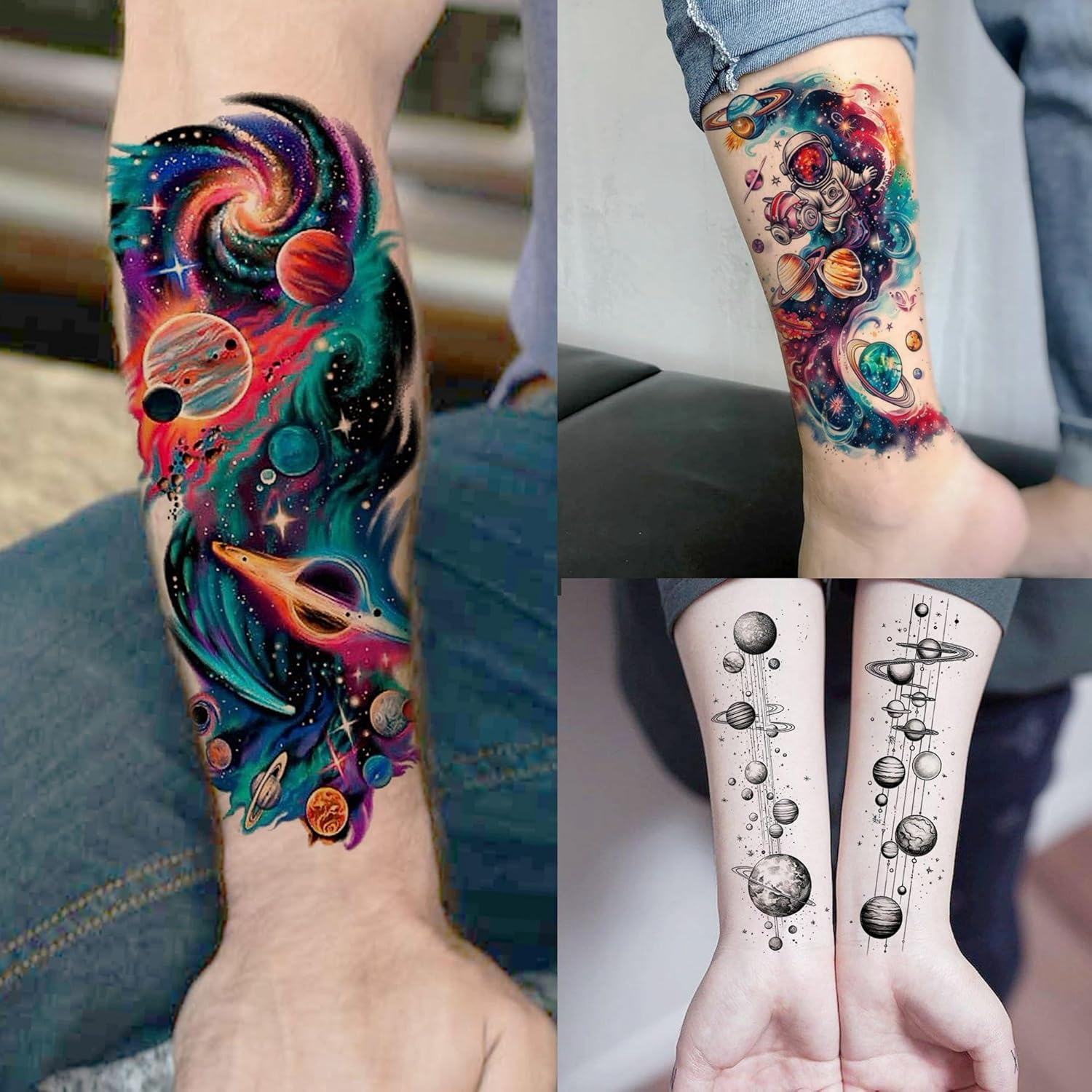 70 Sheets Watercolour Planets Galaxy Temporary Tattoos Women Men Children Boys Adhesive Tattoos Adults, Colourful Star Universe Tattoos for Sticking, Forearm Fake Tattoo Stickers Space image number 2