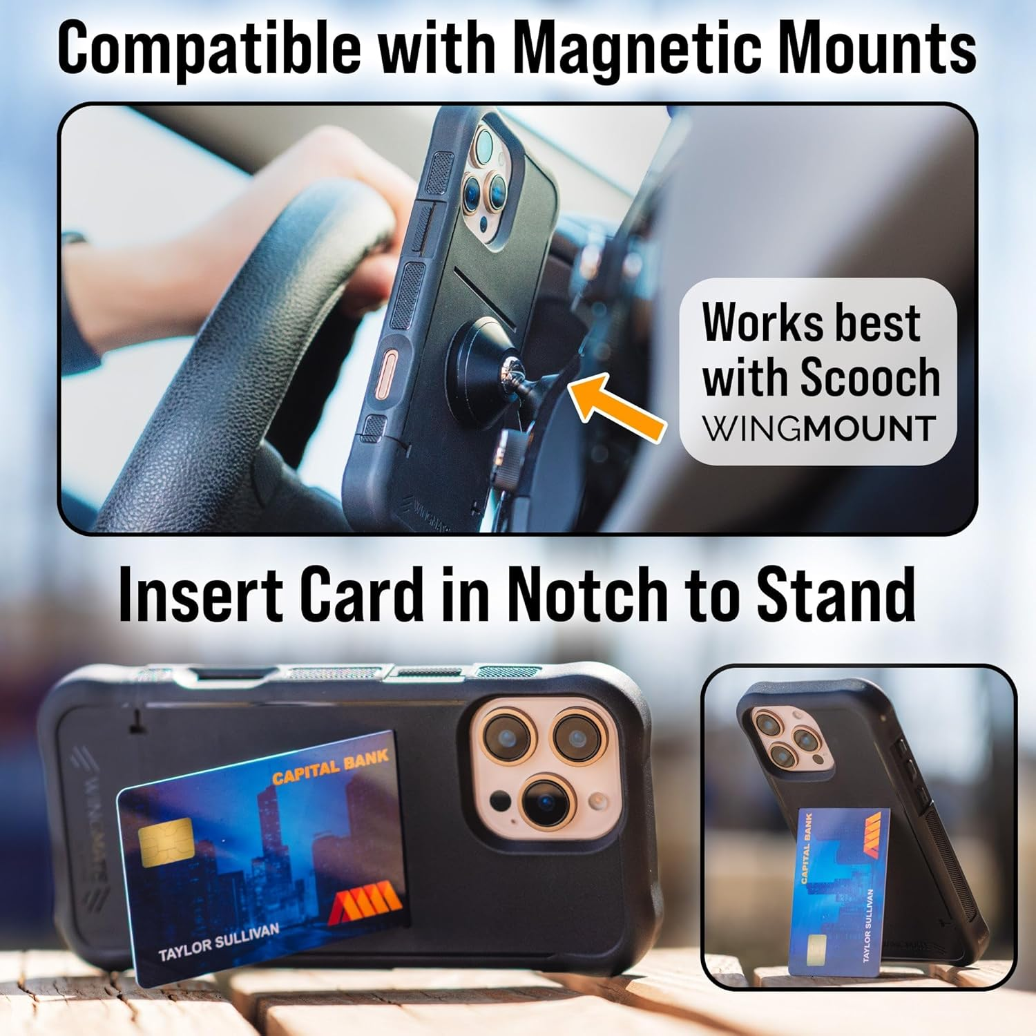 Scooch for Iphone 16 Pro Case with Card Holder, Wingmate Wallet Case with Hidden Card Slot and RFID Protection for up to 4 Cards, 10-Foot Drop Protection, Black image number 3