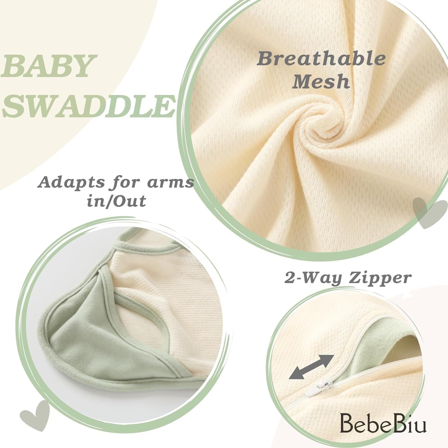 Bebebiu Baby Swaddle Sleeping Bag, 0.5 TOG, 2-Way Zipper, Breathable Mesh, Arms In/Out Design, 2-Pack (Sage/Ether, 6-9 Months) image number 5