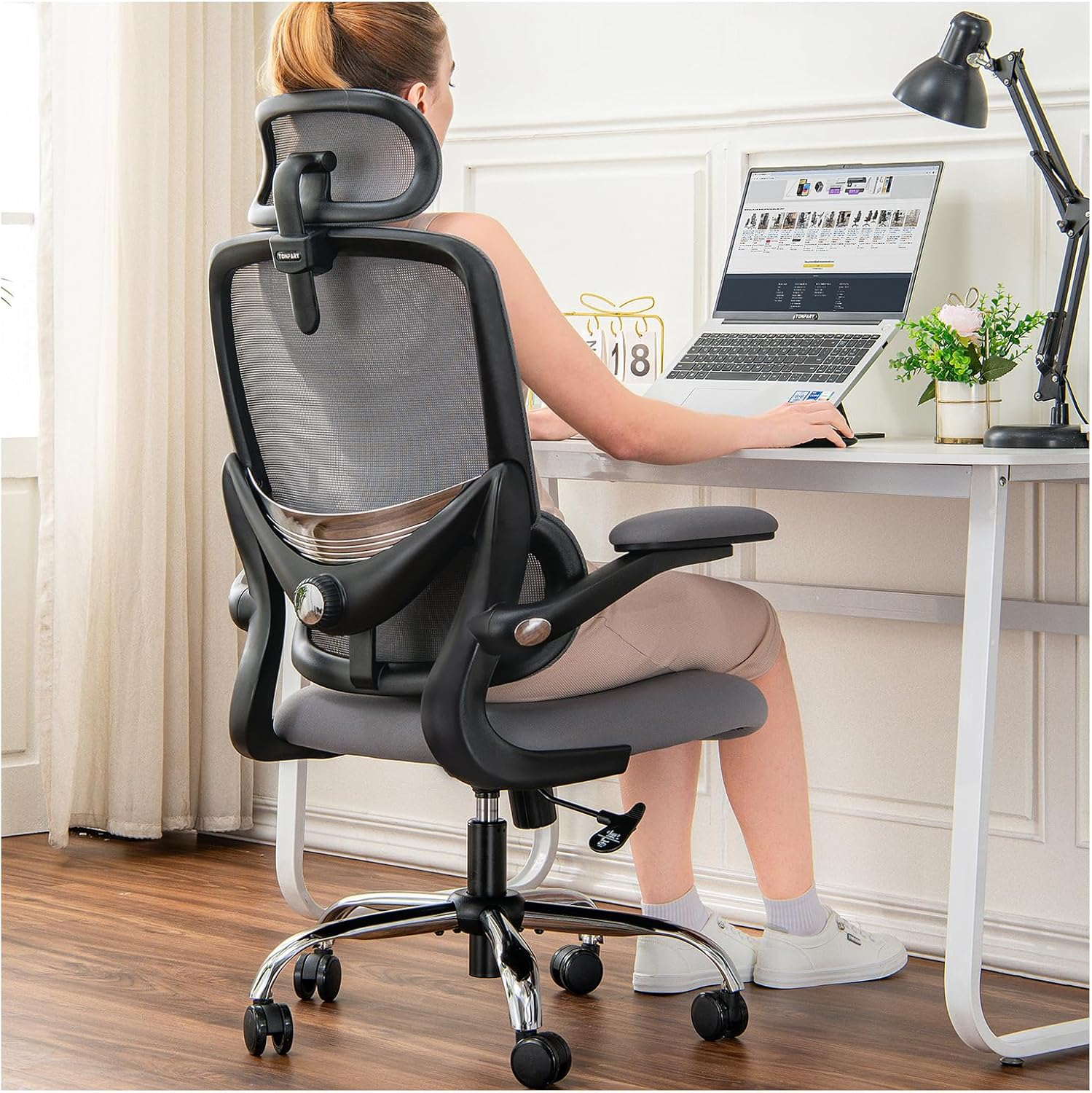 TONFARY Ergonomic Home Office Chair, High Back Mesh Desk Chair with Adjustable Lumbar Support, Flip-Up Armrest, Removable Headrest, Swivel Computer Gaming Chair, Space Saving, 150KG (White+Grey)