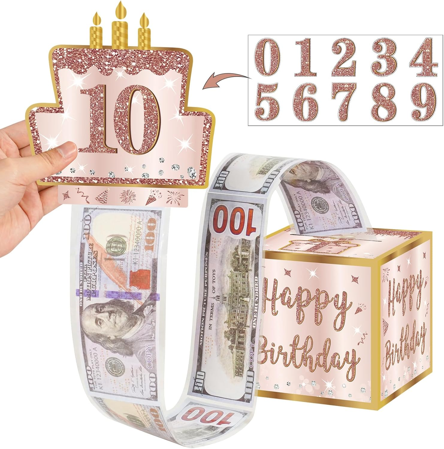 Happy Birthday Money Gift Box with DIY Stickers for Any Age - Blue Sliver Surprise Birthday Party Cash Gift Box with Pull Out Card for Men Boys - a Fun Way to Present Cash as Gifts.