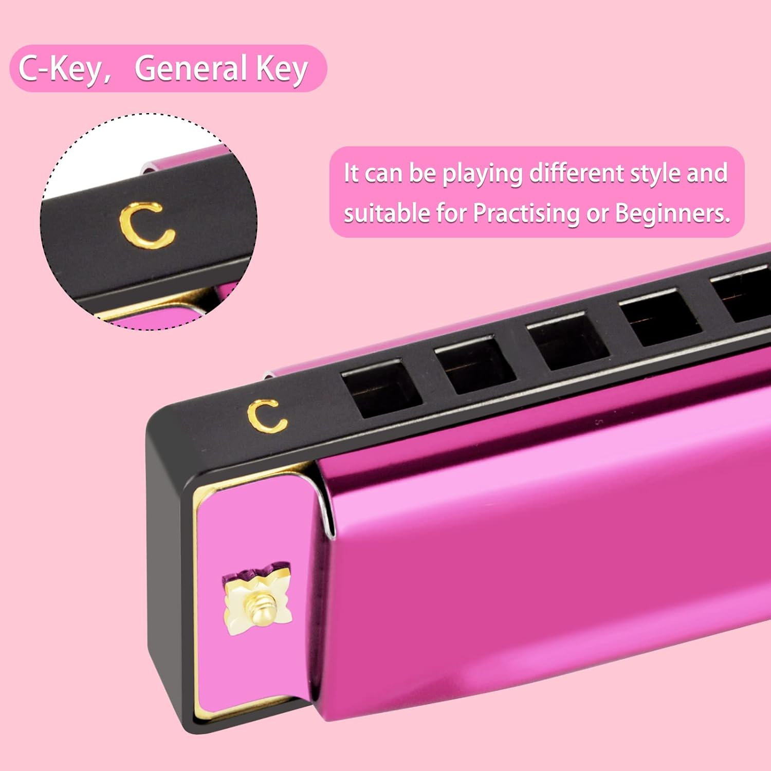 EASTROCK 10 Holes Blues Harmonica for Adults & Kids,Professional C-Key Blues Harp Mouth Organ with Case,Beginner, Students Gifts, Pink - Bronze image number 6