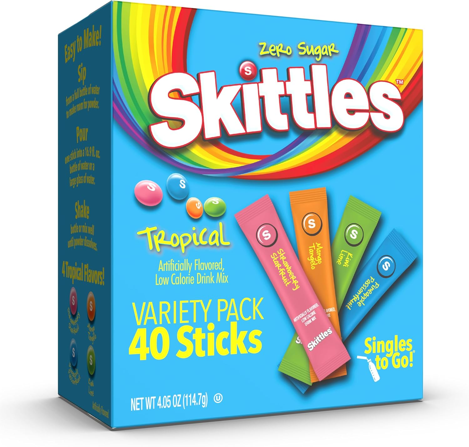 Skittles Singles to Go Tropical Flavors Variety Pack, Powdered Drink Mix, Includes 4 Flavors, Strawberry Starfruit, Mango Tangelo, Kiwi Lime, Pineapple Passionfruit, 40 Count