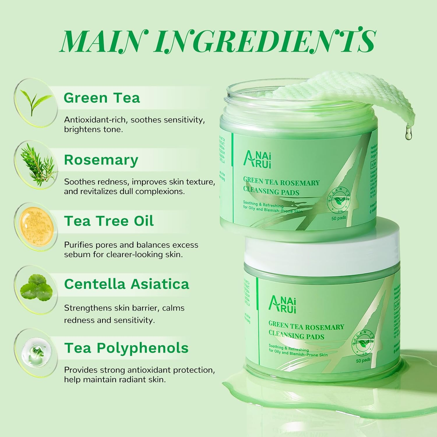 ANAI RUI Green Tea Rosemary Cleansing Pads with Bubbles, Make-Up Remover Pads, Face Scrub Pad with Tea Tree Oil Centella, Exfoliating Deep Cleansing Pad for Face and Body, 50 PCS image number 5