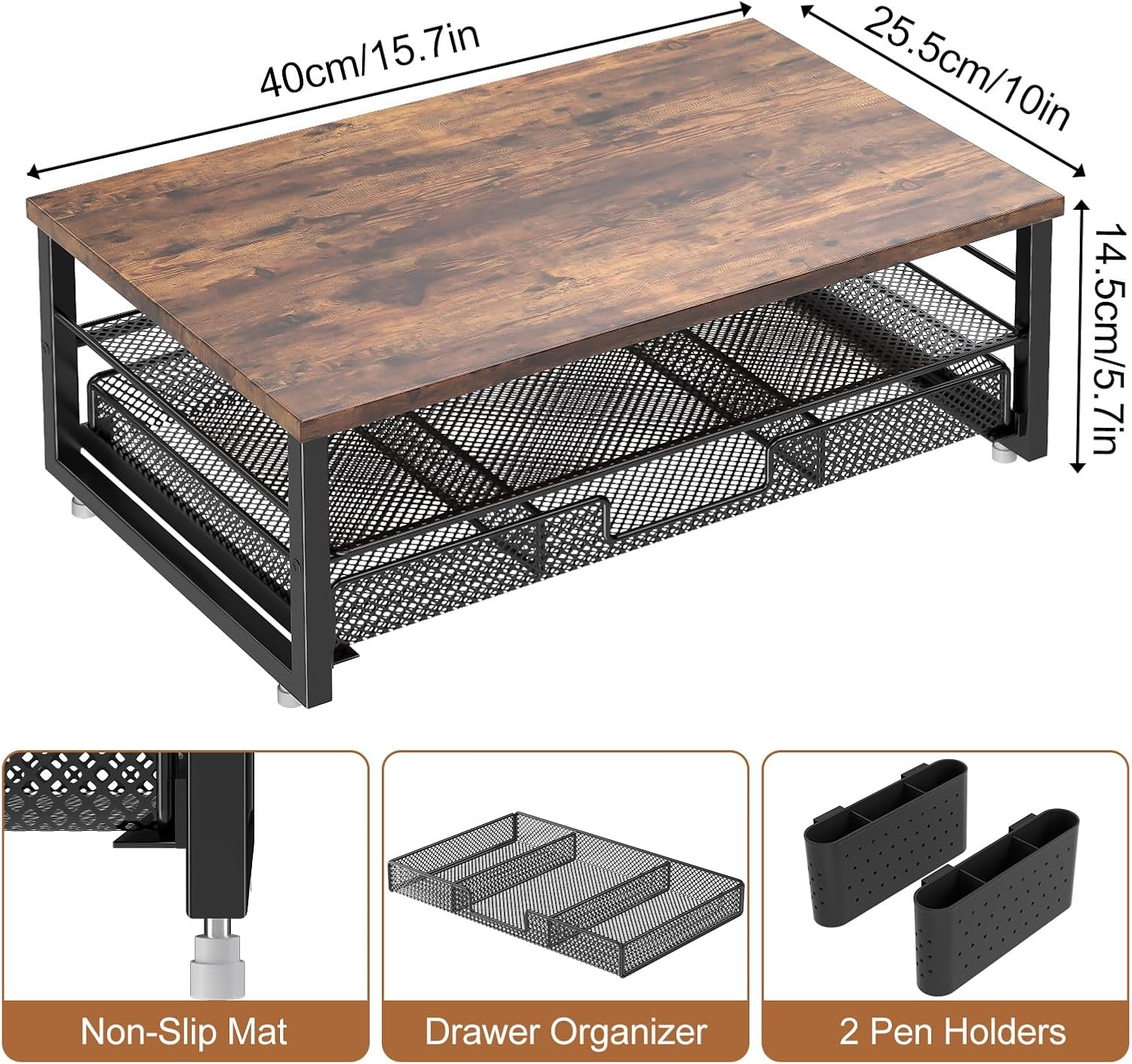 2 Tier Monitor Stand, 16 Inches Monitor Stand Riser with Drawer & 2 Pen Holders, Wooden Desktop Monitor Stand for Tv/Screen/Computer/Laptop image number 6