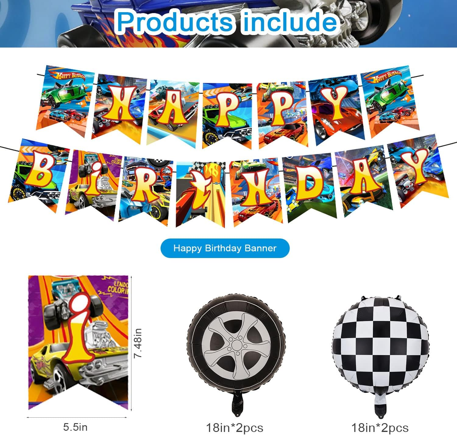 Race Car Birthday Party Decorations ,Hot Race Car Birthday Party Favor with Banner, Ballons,Cake Topper,Tablecover, Cupcake Toppers for Boys Girls Baby of Race Car Party Supplies image number 2