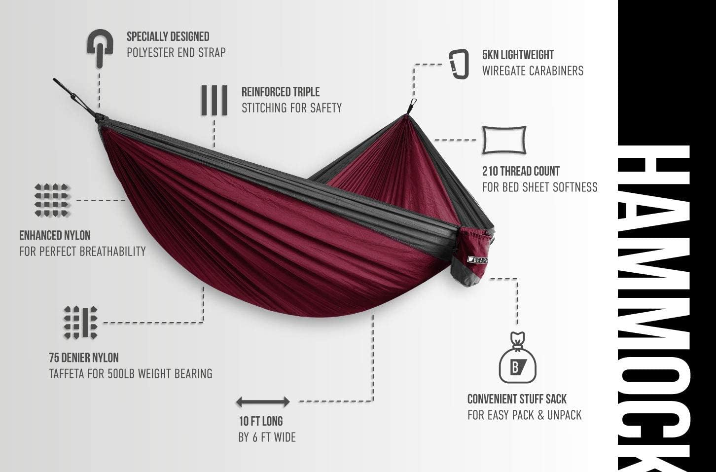 Bear Butt Lightweight Double Camping Parachute Hammock-Large, Portable Two-Person Hammock for Hiking & Backpacking - 16 Colors Available (Maroon/Charcoal) - Dark Green / Light Green image number 3