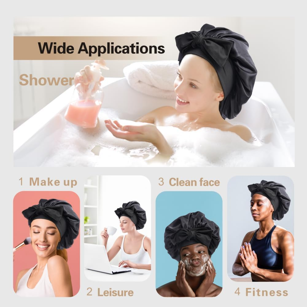 Mumoo Bear Silk Bonnet Satin Hair Bonnet for Sleeping Night with Tie Band with Head Wrap for Women (Black) image number 3