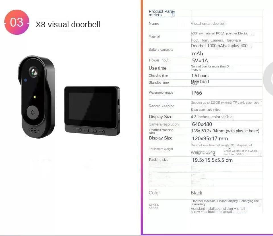 Video Doorbell with Two-Way Audio 2.4G Wireless Smart 4.3" LCD Screen Intercom Video Doorbell Camera Monitor Home image number 6
