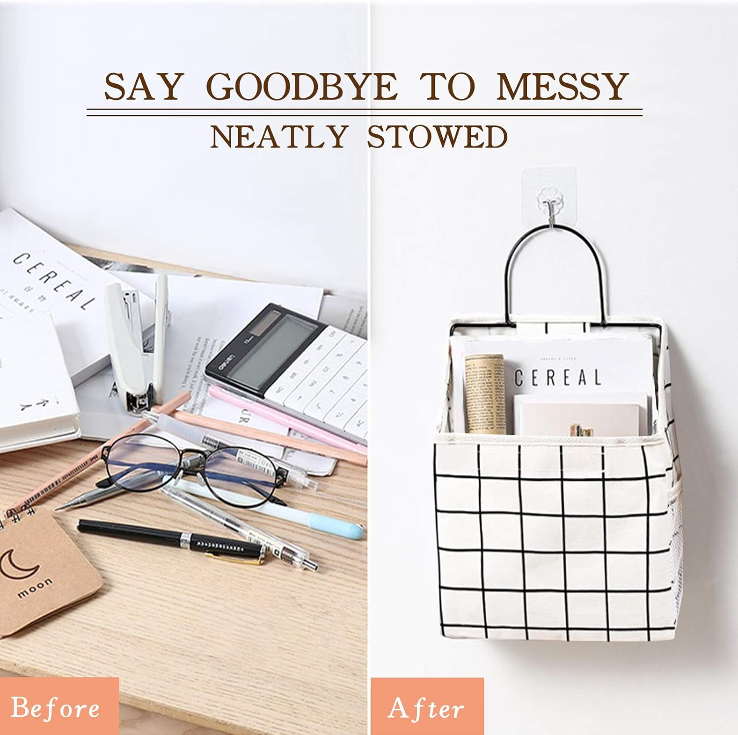 2Pcs Wall Hanging Storage Bag, MERYSAN Waterproof over the Door Closet Organizer with Metal Frame, Stylish Hanging Pocket Linen Cotton Pouch Box Containers for Bedroom Bathroom Desktop(Black/White) image number 4