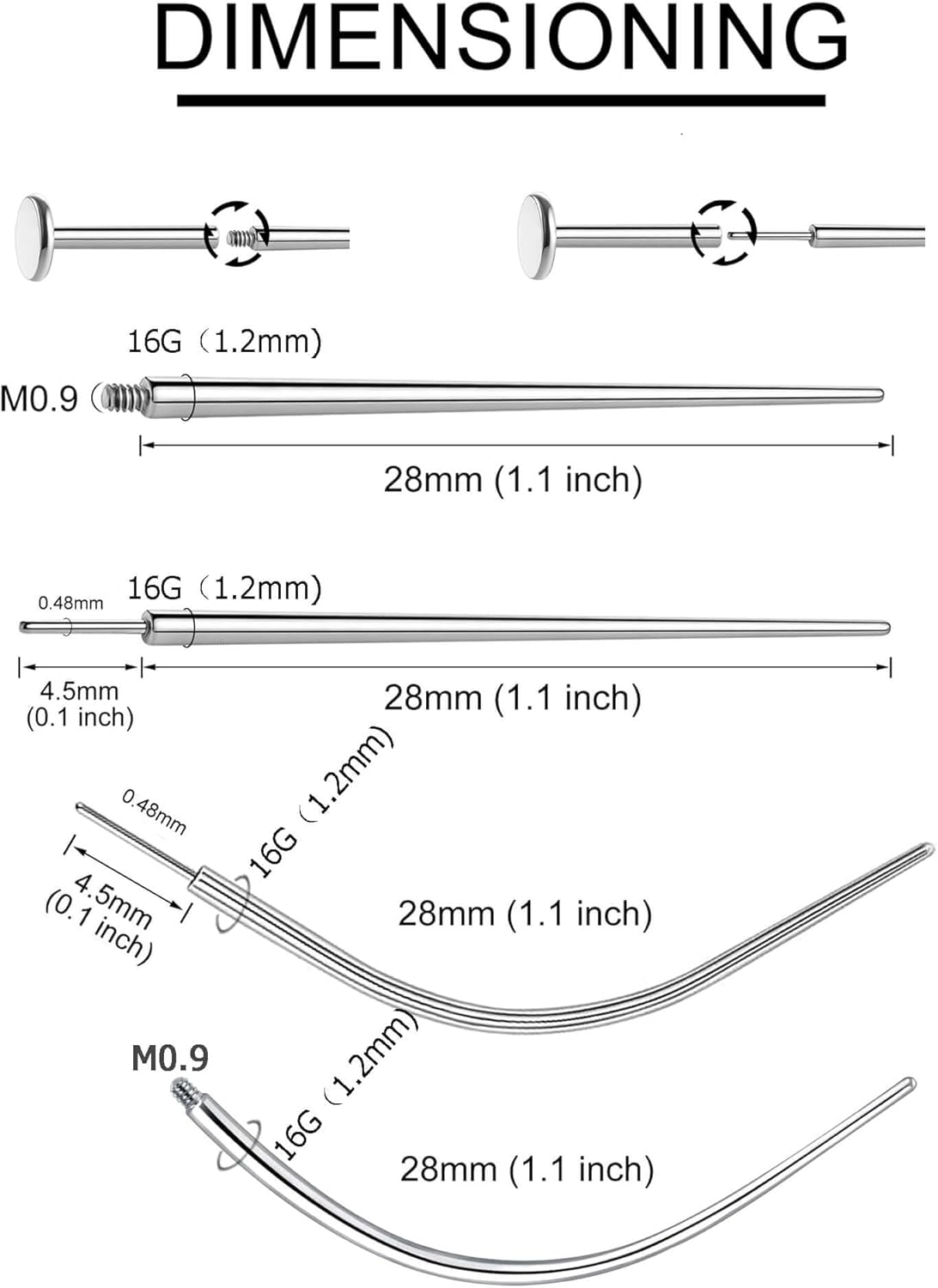 QXXPVV Stainless Steel 14G 16G 18G 20G Threaded Piercing Taper Threadless Piercing Taper Insertion Pin for Ear/Nose/Navel/Nipple/Lip/Eyebrow Stretcher Body Piercing Stretching Kit Assistant Tool