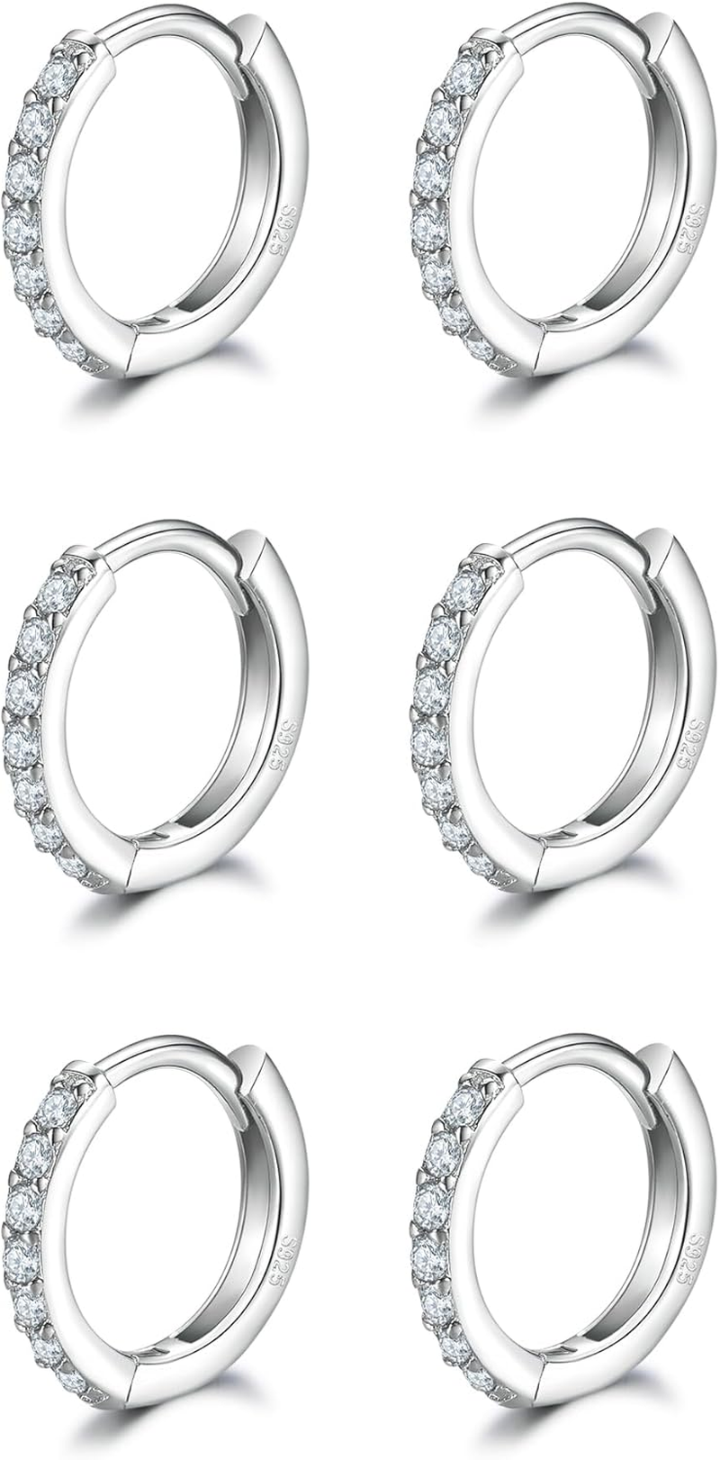 3 Pairs Sterling Silver Small Hoop Earrings Tiny Cartilage Earring Cubic Zirconia Cuff Huggie Earrings Mini Hoops Earrings Piercing for Women Girls