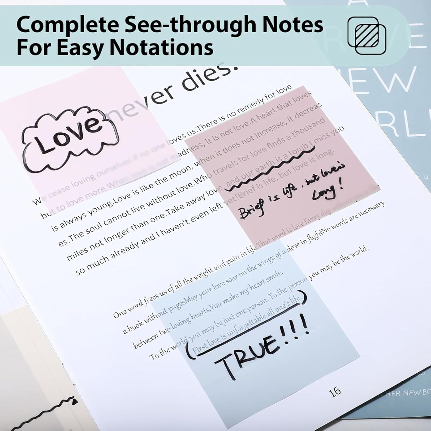 6 Pads/300 Sheets Transparent Sticky Notes in 6 Colours, 7.5Cm X 7.5Cm Clear Sticky Notes, Quality Waterproof Sticky Notes Memo Pads image number 5