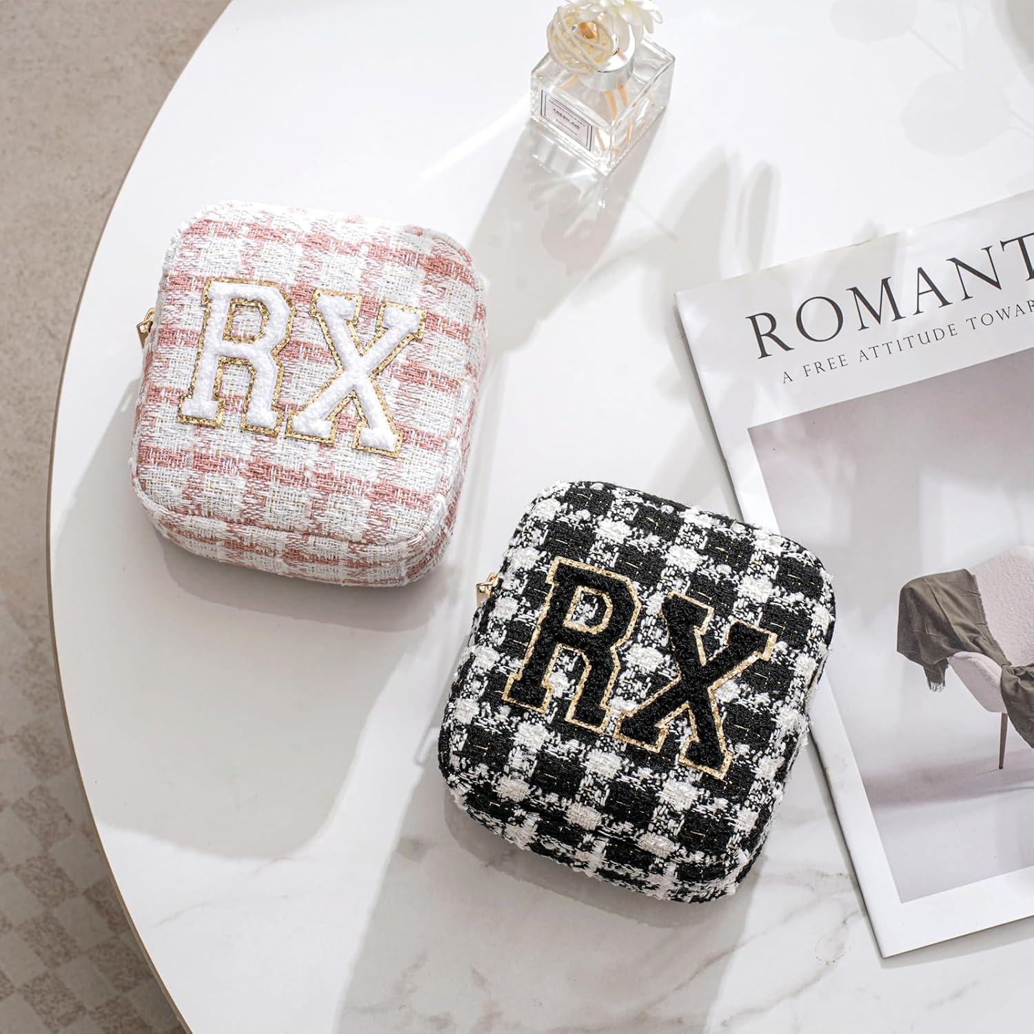 DDPOND Small Medicine Bag for Travel, Personalized RX Chenille Letters Checkered Pouch for Women and Girls, Cute Meds Drug Makeup Bags with Zipper (01Beige Checkered) image number 6