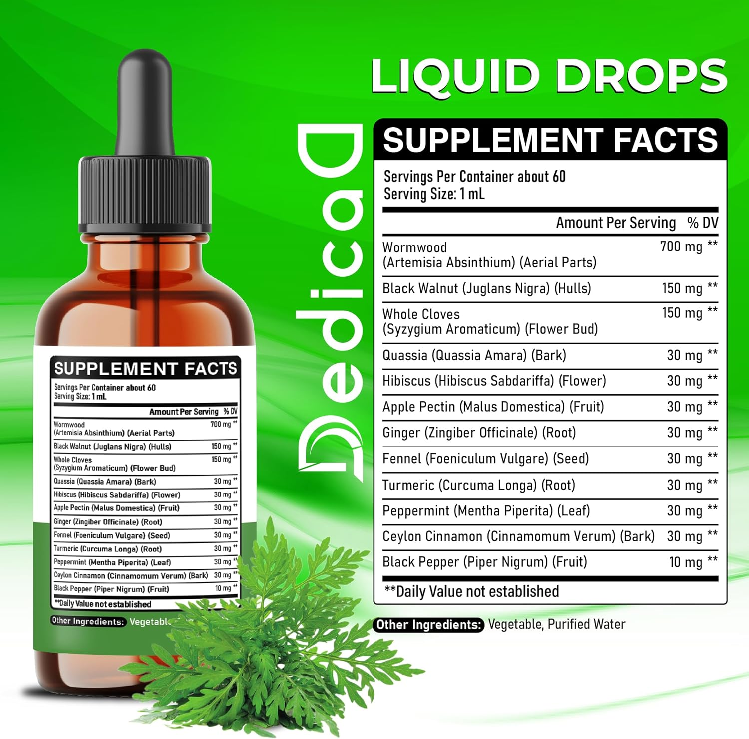 DEDICAD 12In1 Wormwood Liquid Drops - Black Walnut Wormwood Tincture Liquid Extract Whole Cloves and 9 More Herbs - 60 Days Supply image number 5