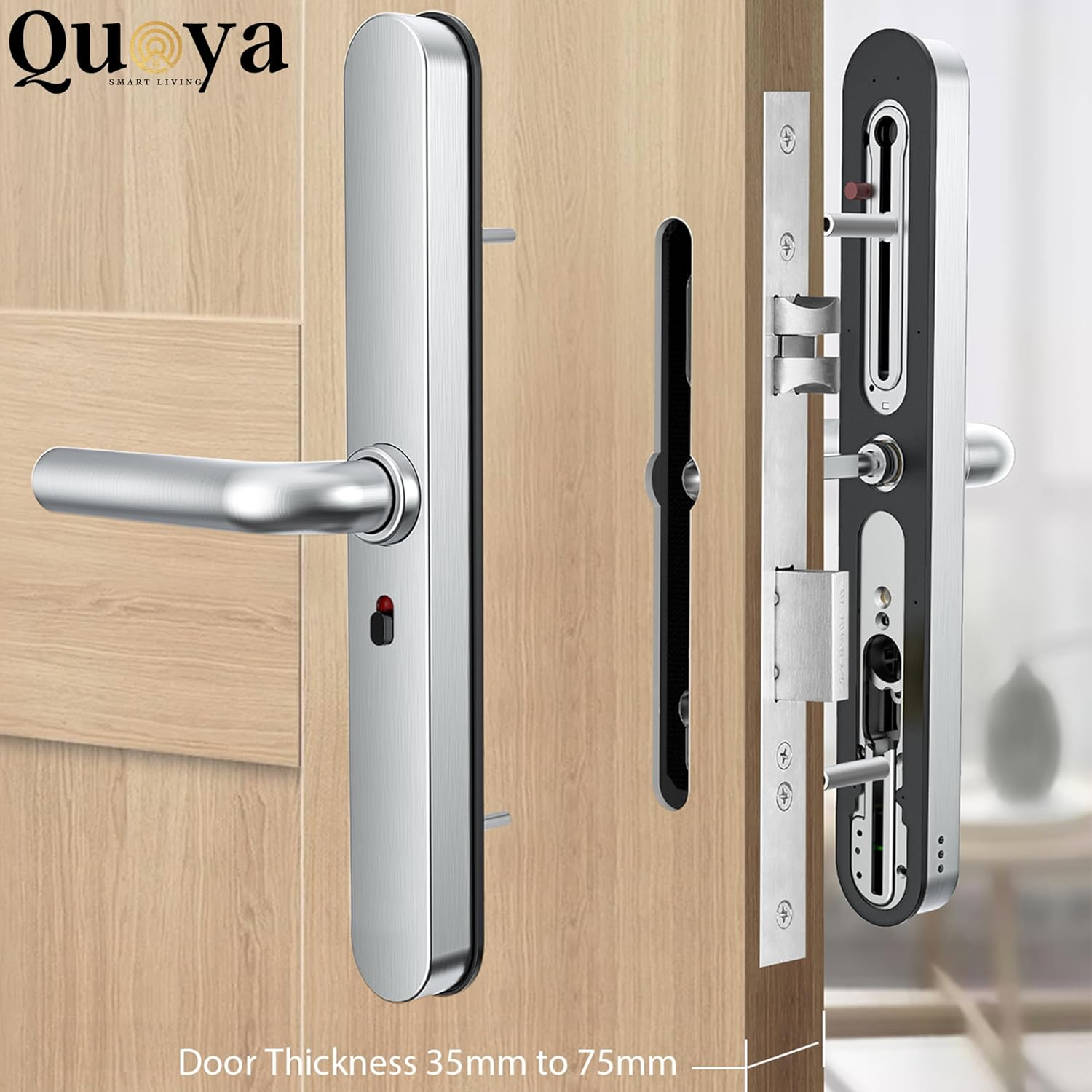 QUOYA D1 Smart Door Lock, 75&deg; Max Rotation Angle, IP55 Waterproof, Unlocking Method (Fingerprint, RFID Key Card, Pin/Passcode, App, Mechanical Key) (Silver) - Black image number 2