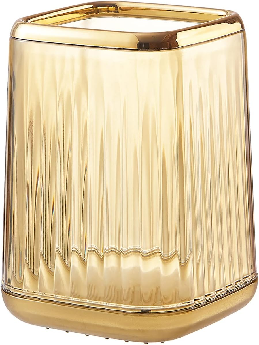 DASITON Makeup Brush Holder Organizer,Plastic Square Cosmetic Brush Storage Holder,Vintage Stripe Makeup Brush Cup Pen Pencil Holder(Amber)