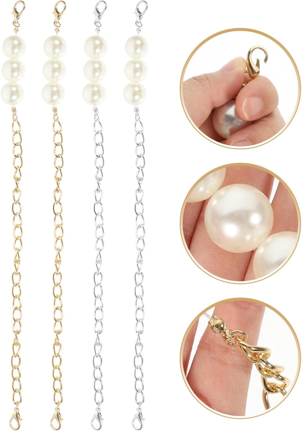 TEHAUX 4Pcs Pearl Covered Chain for Bag Replacement DIY Handbag Purse Chain Decorative image number 1