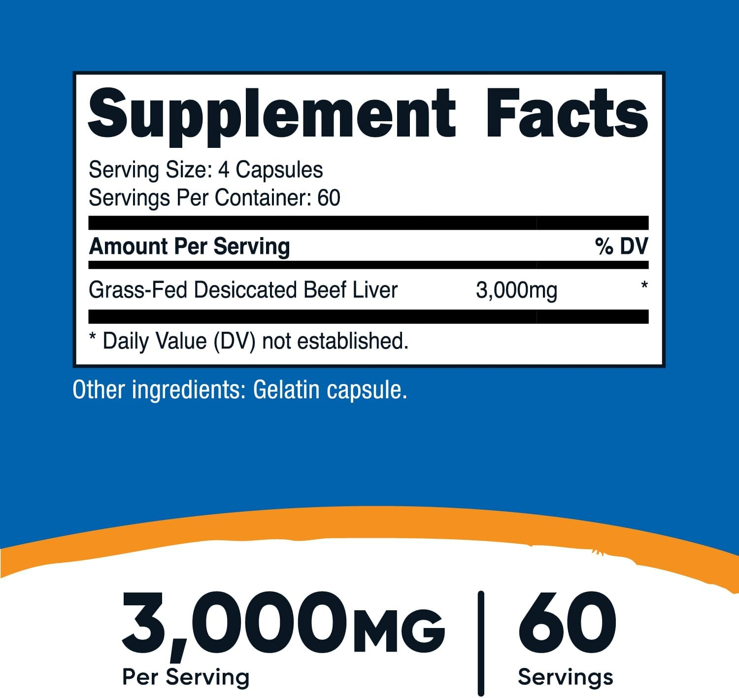 Nutricost Grass Fed Desiccated Beef Liver Capsules 3000Mg (750Mg per Cap) - No Hormones, Non-Gmo, Gluten Free, Pasture-Raised, Free Range Beef (240 Count (Pack of 1)) image number 4