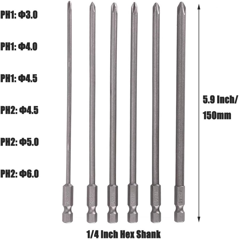 Yakamoz Screwdriver Bits Set, 6Pcs 1/4 Hex Shank Magnetic Cross Phillips Electric Screw Head Screwdriver Bits Set Power Tools | 5.9-Inch Length